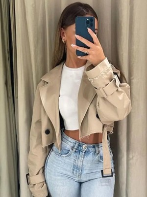 Belt Cropped Trench Spring Jacket Women Vintage Streetwear Double Breasted Long