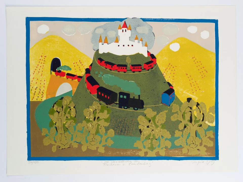 I. JÖRG (*1935), Moselbahn des Freiherrn von Landenberg, Farblinolschnitt - Bild 2 von 4