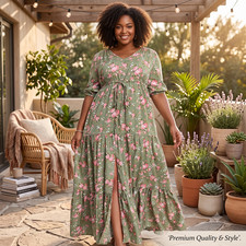 Women's Plus Size Boho Floral Maxi Dress Green V Neck Half Sleeve XL-5XL