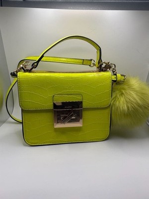 Aldo Chiadda Neon Yellow Croc-Embossed Crossbody Bag with Pom-Pom