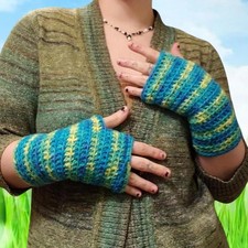 handmade crochet fingerless gloves - blue green multicolor groovy - unisex osfm