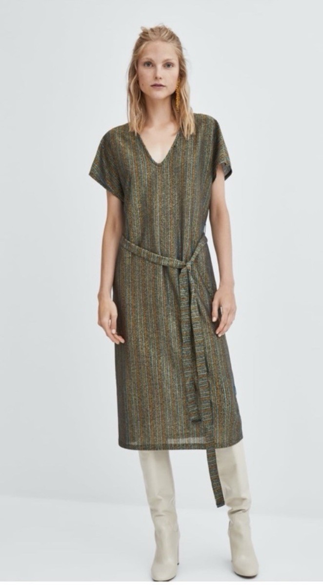 Zara Textured Metallic Bronze/ Blue Shimmer V neck Striped Dress Coverup Sz  S