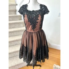 Custom Vintage Inspired Brown & Black Lace Fit & Flare Cocktail Gown