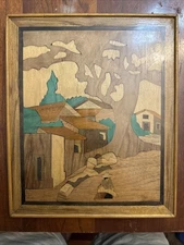 VTG Marquetry Art Inlaid Wood Picture American Southwest scene. About 10×11”