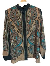 BOB MACKIE Vtg Mandarin Collar Paisley Print SM Button Front Blouse Multi Color