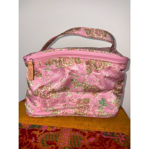 Vintage Lauren Ralph Lauren Zippered Cosmetic Case Pink and Green 9"×6"×6"