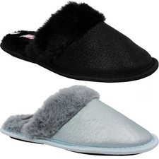 WOMENS LADIES LOW WEDGE FAUX FUR SATIN SLIP ON MULE COMFORT SLIPPERS SHOES SIZE 