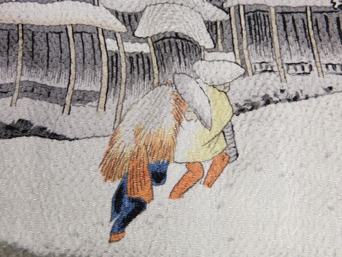 Vintage Japanese Crepe Scarf w Winter Mountain Landscape & Figures 25" x 26" - Picture 3 of 9