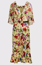SALONI Olivia B V Neck Floral Print Yellow Ruffled Wrap Midi Dress US 6 NEW