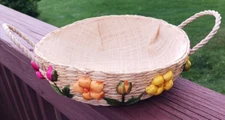 VTG Hand Woven Round Floral Basket Yellow Pink Peach Flower Handles Philippines