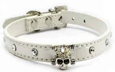 Dog Collar with Rhinestones Skull, Adjustable, White, Faux Leather, XS S M L