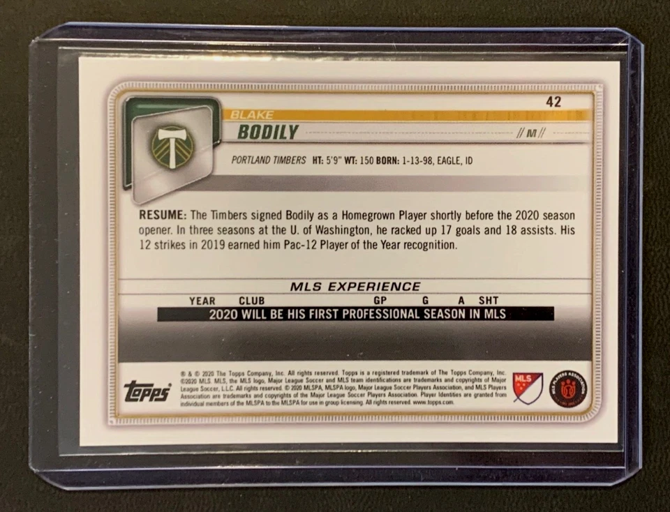 2020 Bowman MLS #42 | BLAKE BODILY | RC Rookie Card | Timbers; BLUE 107/150 !!! - Image 3 of 3