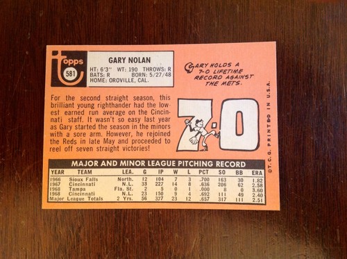 1969 Topps #581 Gary Nolan (RC) (MINT) - Picture 2 of 2