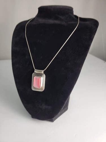 925 Sterling Mexico Square Pink Stone Pendant On 16" 925 Italian Made Chain - Picture 9 of 11