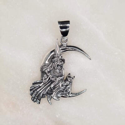 Sterling Silver Witch & Cat on the Moon Pendant
