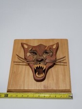 Vintage Wooden Carved 3D Wild Cat Bobcat Cougar Mountain Lion Head OOAK Rare!