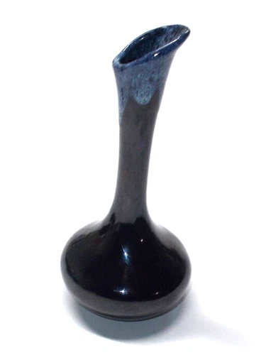 VAN BRIGGLE POTTERY BUD VASE GLOSS BLACK WITH BLUE DRIP OVERFLOW