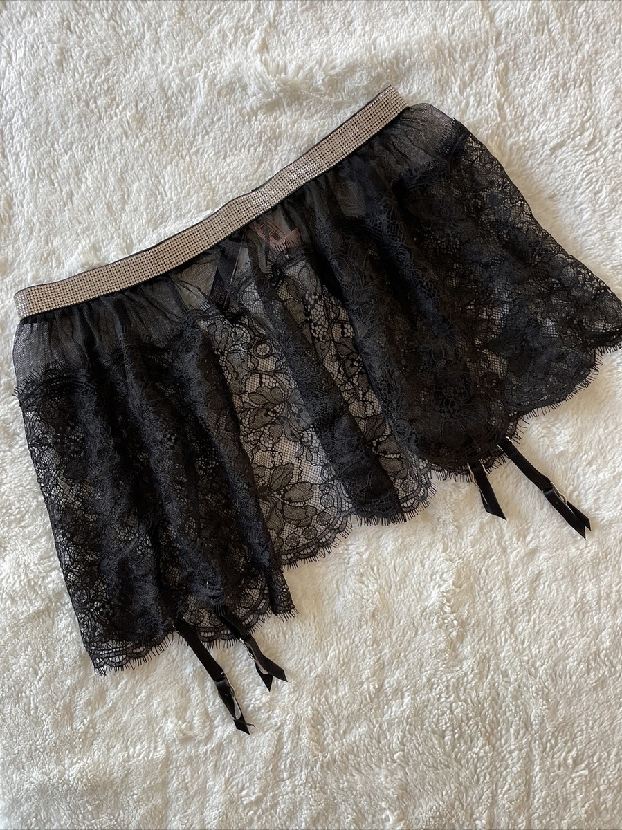 Victoria's Secret Very Sexy Black Lace Skirt Garter Rhinestone
