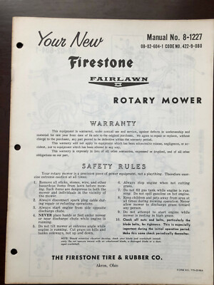 VINTAGE FIRESTONE FAIRLAWN ROTARY MOWER MANUAL NO 8-1227 08-02-604-1 422-9-080