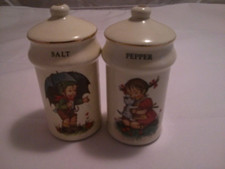 Vintage White Ceramic Little Boy and Girl " Hummel style" Salt and Pepper shaker