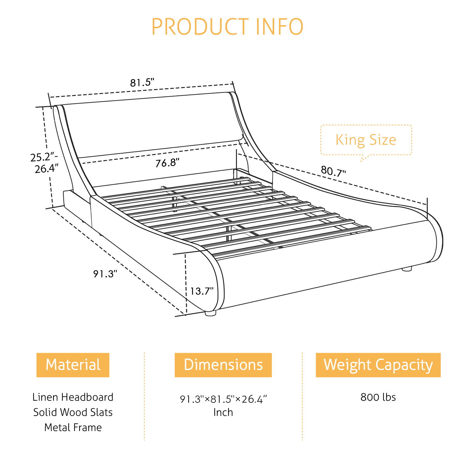 Sifurni Modern Low Profile Wave Like King Size Platform Bed Frame, White
