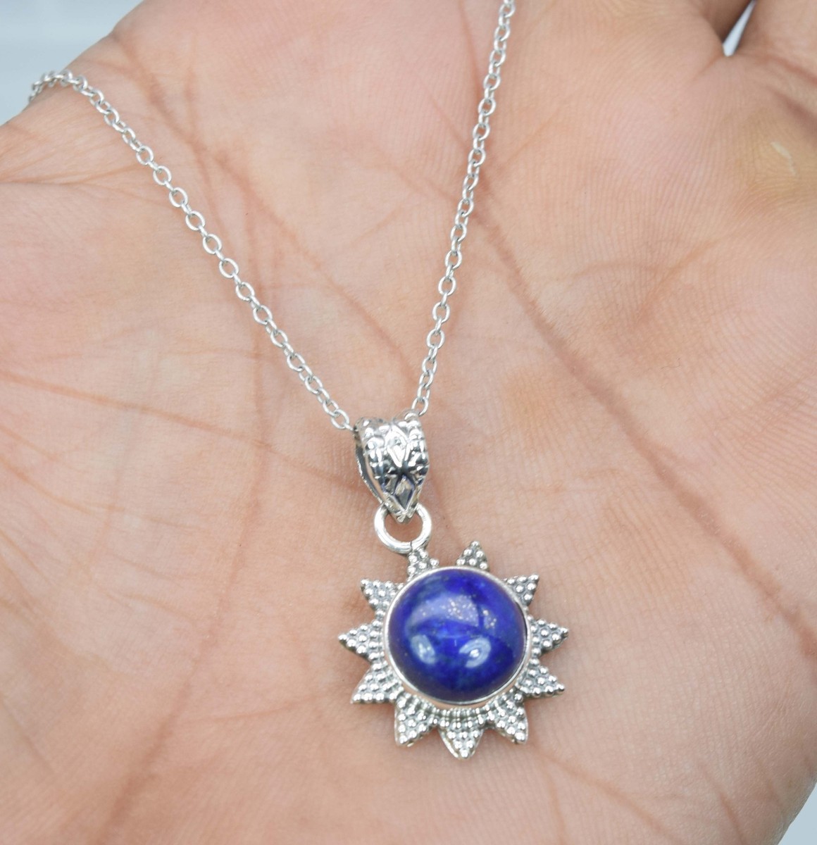 925 Solid Sterling Silver Blue Lapis Lazuli Chain Pendant-19