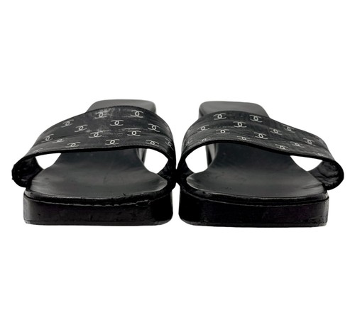 CHANEL Vintage CC Mark Logo Sandals #37 US 7 Heels Black White Leather Rank B - Picture 2 of 10