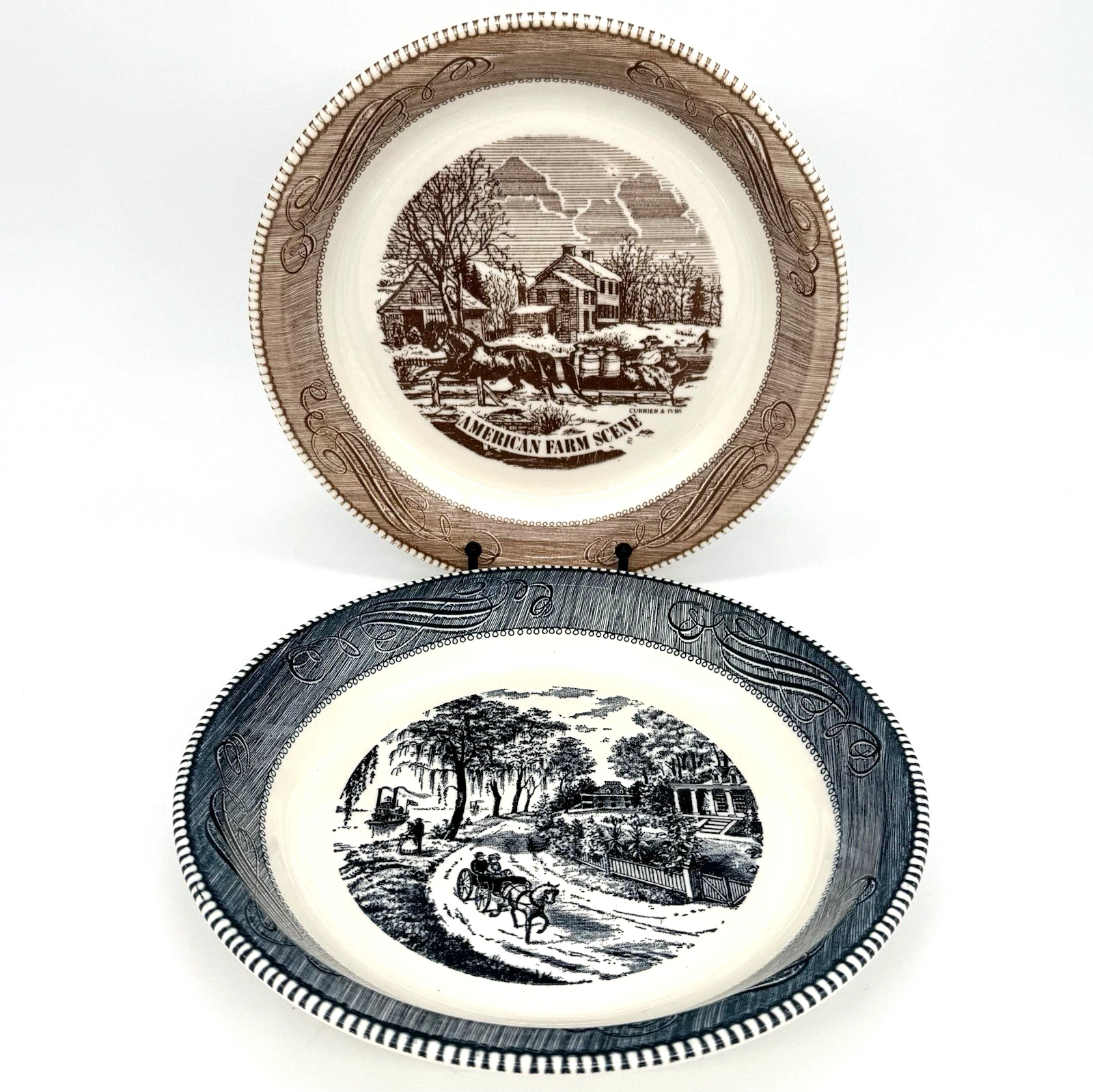 Royal China Currier & Ives Brown American Farm Scene & Blue Carriage Pie Plates