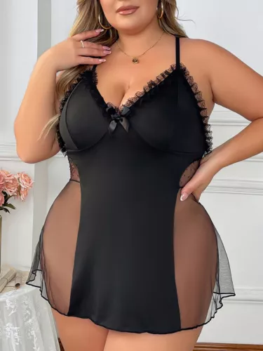 Plus Size Women Sheer Lace Sexy Lingerie Chemise Babydoll Nightwear Dress - Bild 9 von 11
