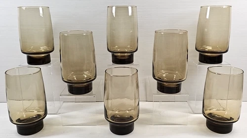 (8) Libbey Tawny Accent 16 Oz Tumbler Set Vintage 5 1/2" Brown Glasses Retro Lot