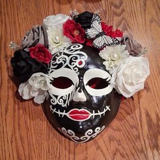 Handmade Mexican Day of the Dead Sugar Skull Mask w/ Flowers, Butterfly, Red Ri  