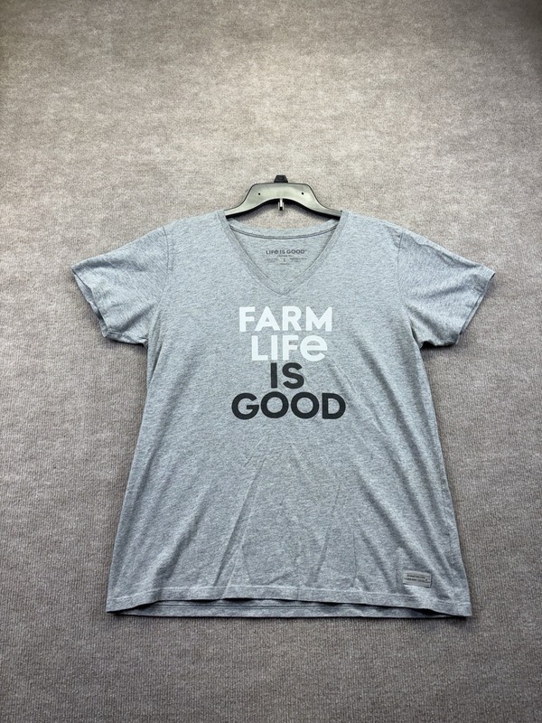 Life Is Good V Neck Short Sleeve Shirt Size Large. Front says Farm Life Is Good