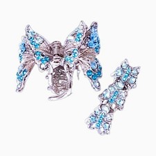Women s Silver Tone Metal Butterfly Hair Clip Barrette w/ Blue Rhinestones