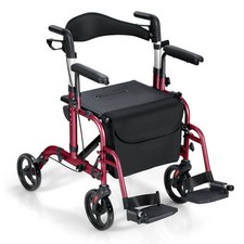Folding Rollator Walker with Seat and Wheels Supports up to 300 lbs-Red - Color: