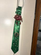 Men's Green Satin Solid Pointed Tie with Rhinestone & Beaded Accents