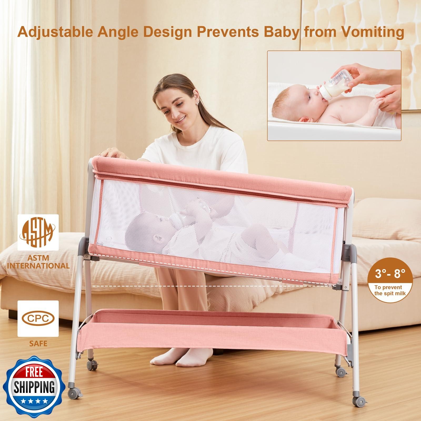 ANGELBLISS Baby Bassinet Bedside Crib with Storage Basket and Wheels, Easy Fo
