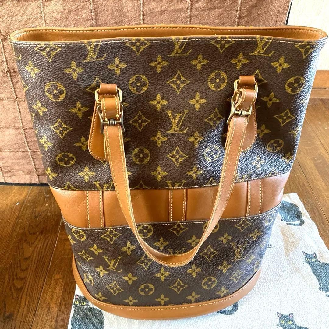 Louis Vuitton Monogram Bucket Tote Bag Brown Leather Shoulder Handbag Womens