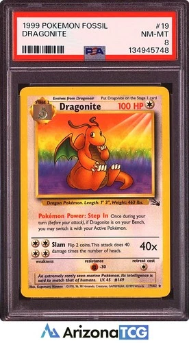 Pokemon 1999 Dragonite 19/62 Fossil Unlimited PSA 8