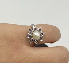 Vintage 835 Silber Ring mit Perle Blüten Design Gr.53 /1035323
