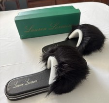 Lauren Lorraine Women  s Fluffy Faux Fur Black Slip-On Flat Slides Size 8 M NEW