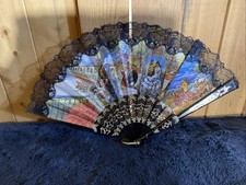Vintage Spanish Folding Hand Fan With Lace  Bullfight Scenes Cloth  Plastic