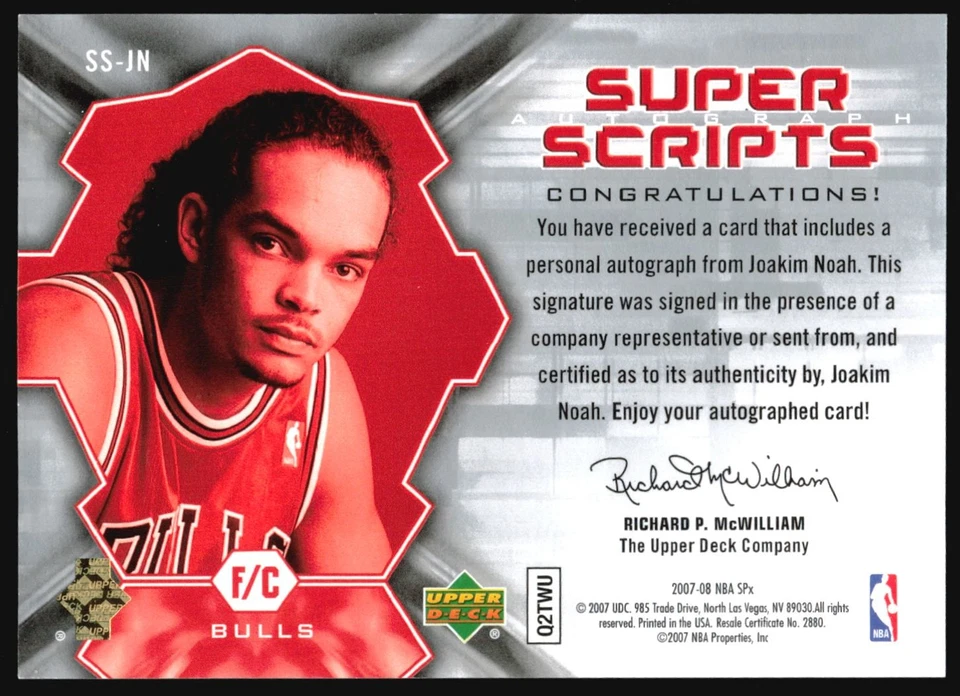 2007-08 SPx Super Scripts Joakim Noah Rookie Auto #SS-JN Foto 2 de 2