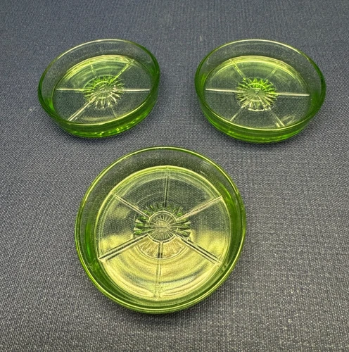 Set of 3 - Vintage Green Uranium Glass Coasters - Federal glass