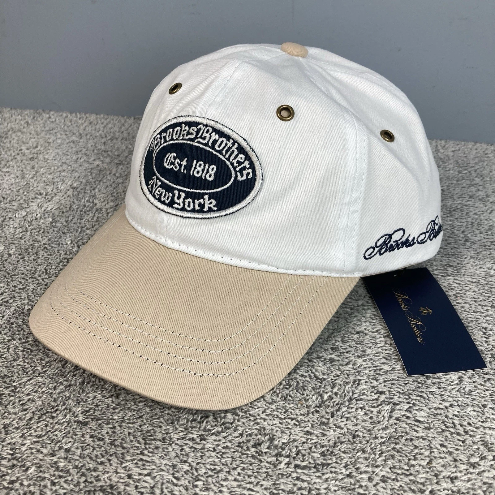 Brooks Brothers 1818 Logo Hat Crest White Tan Dad Baseball Cap Adjustable