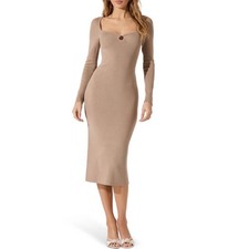 ASTR the Label Natural Beige Ribbed Knit Pearl Keyhole Midi Dress Large (A)