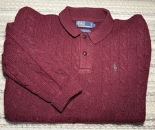 Vtg Mens Polo Ralph Lauren Scottish Yarn Wool Cable Knit Ribbed Sweater Button L