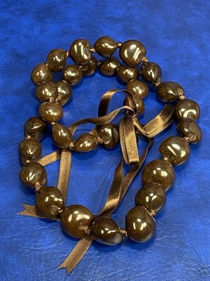 Polished Brown Kukui Nut Lei Necklace on Ribbon Tie Hawaii Souvenir Tourist  -B-