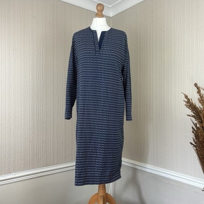 Jaeger dunkelblau & weiß Gitter Karo Hängerchen Kleid Langarm knielang UK 10