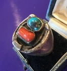 Vintage Silver Native American Ring, Sterling Silver, Turquoise and Coral Ring,