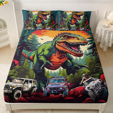 Cartoon Truck Dinosaur Fitted Sheet Set Twin Size, Dinosaur with Monster Trucks